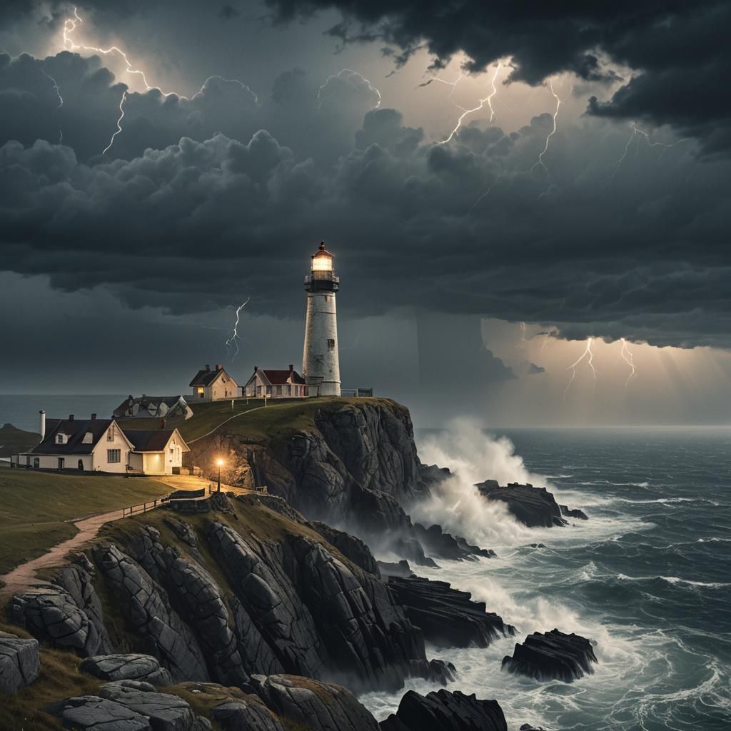 Ominous Lighthouse on Cliff in Stormy Weather