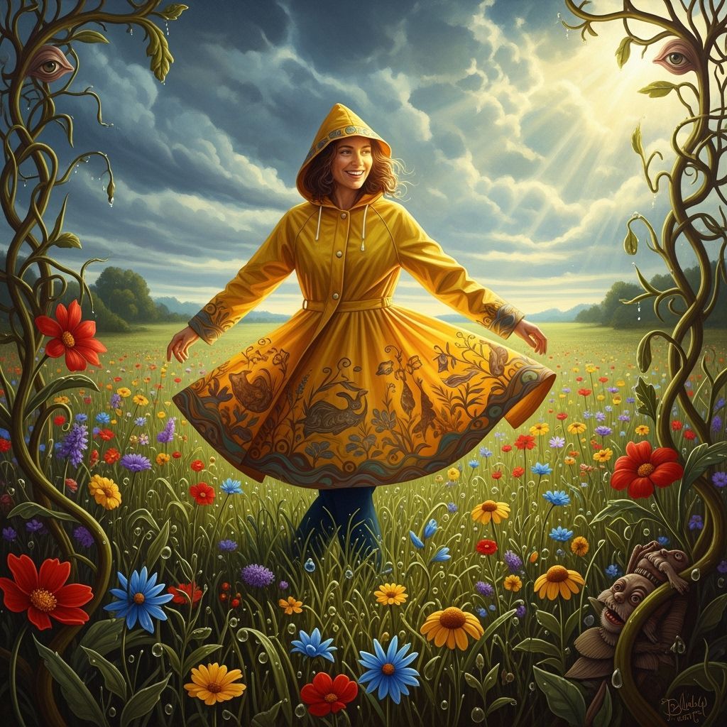 Joyful Woman in Floral Raincoat Twirls in Sunlit Meadow