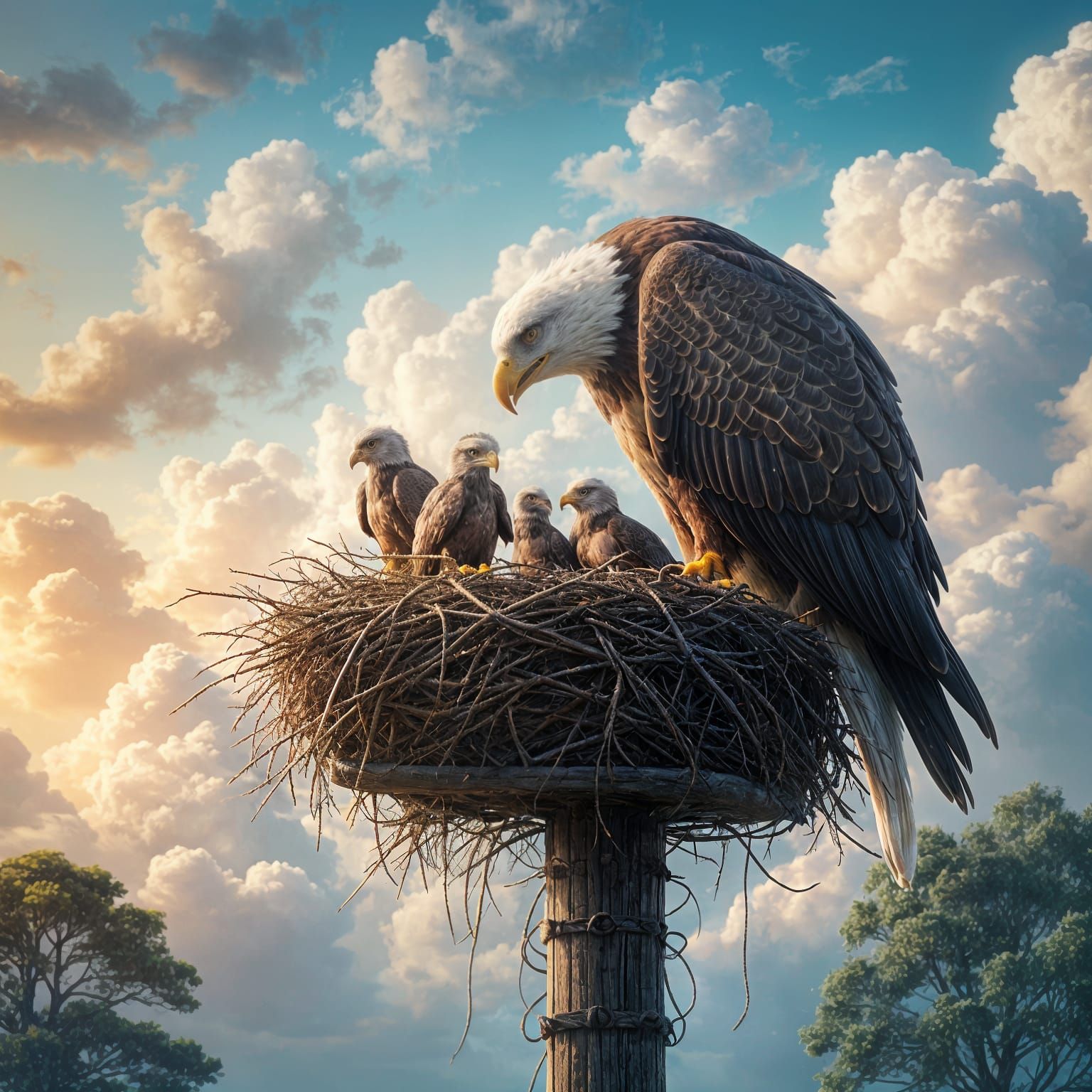 Ethereal Eagle Family on a Fantastical Light Post Nest