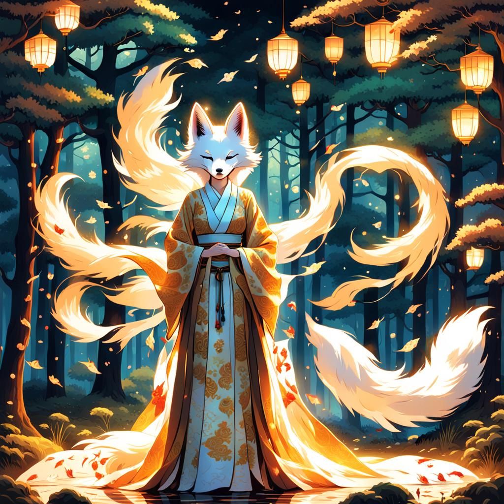 Kitsune Priestess in Forest Glade: Digital Illustration