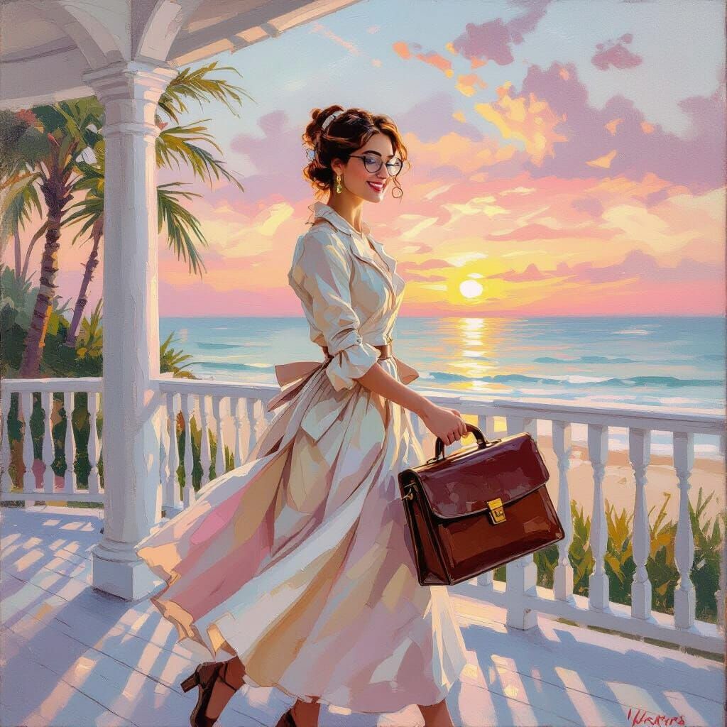 1700s Style Oil Painting of Woman Dancing on Beach