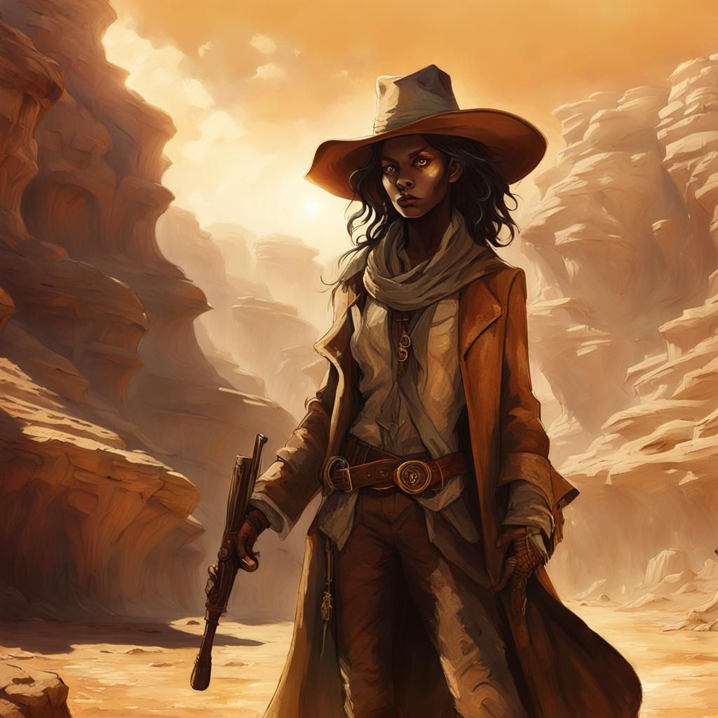 Fantasy Western Female Satyr Rides into Sunset