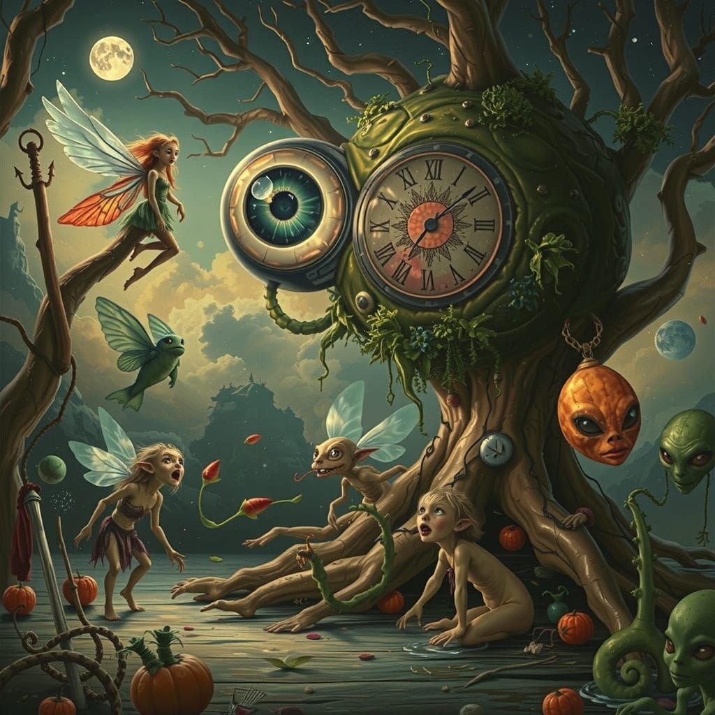 Surreal Dreamscape with Faerie Creatures and Giant Eyeball