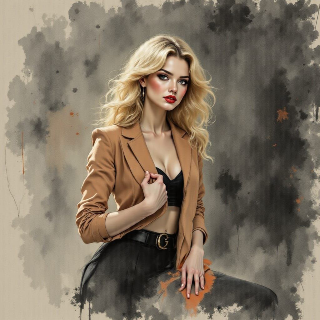 Redhead in Art Nouveau Style with Charcoal and Pastel Influe...