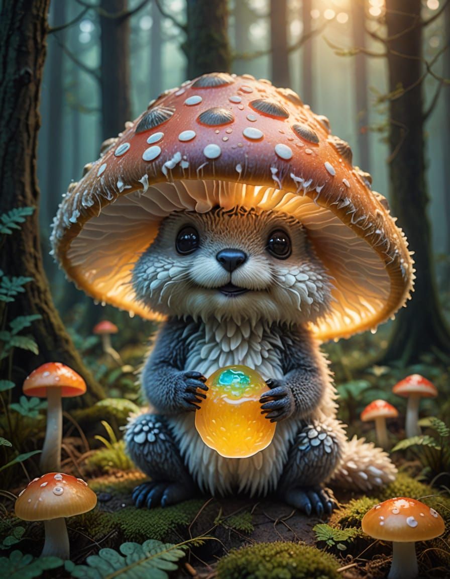 Furry Fantasy Creature Devours Glowing Jello Mushroom
