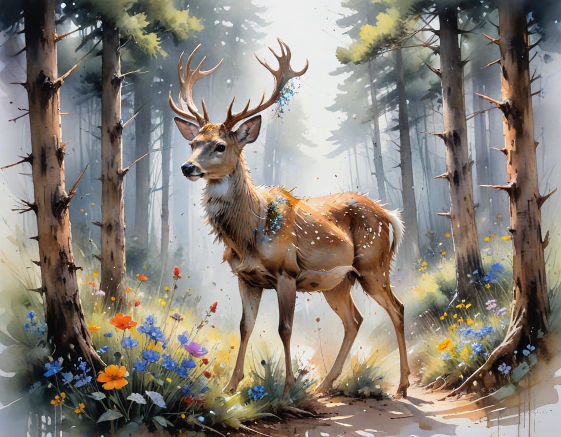 Deer in Sunlit Forest Trail Watercolour