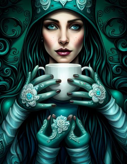 Gothic Tea Cups with Fractal Flowers in Pixel Art