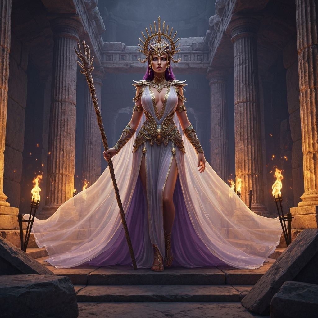 Greek Goddess in Ruined Temple: Dark Fantasy Concept Art
