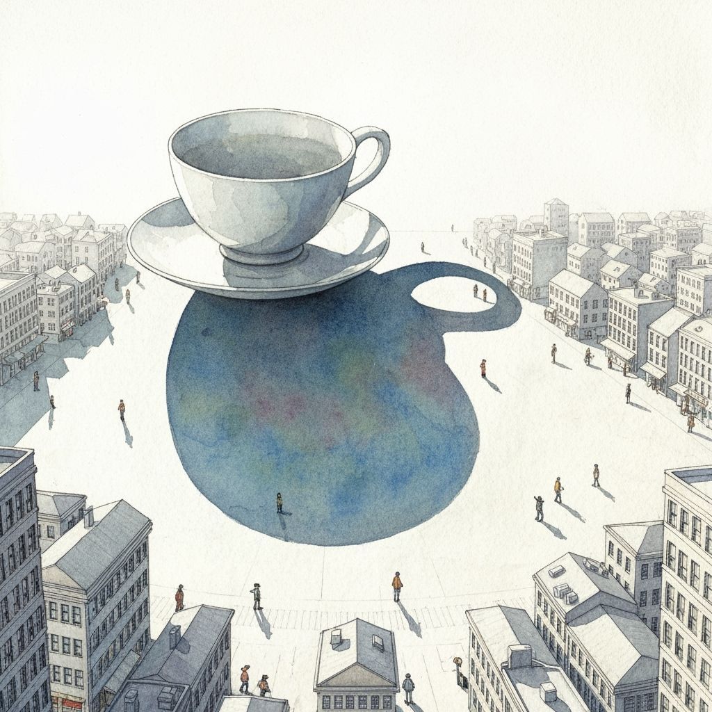Giant Floating Teacup Over Miniature Cityscape in Watercolor...