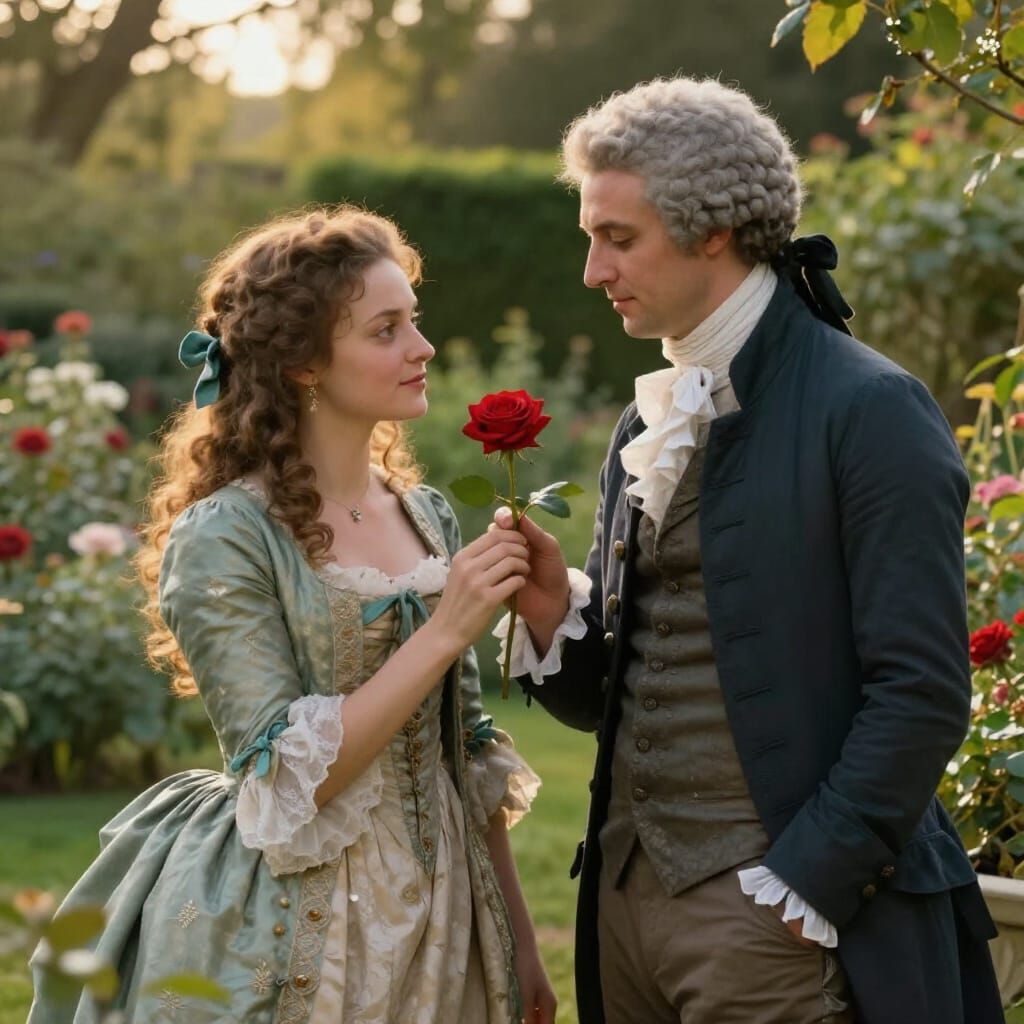 18th Century Couple Exchanging Rose in Garden
