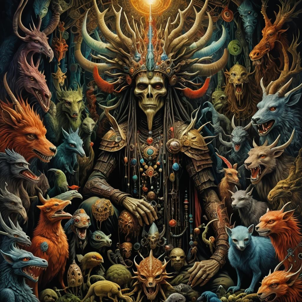 Mystic Shaman in Post-Apocalyptic Wonderland as Oil Painting