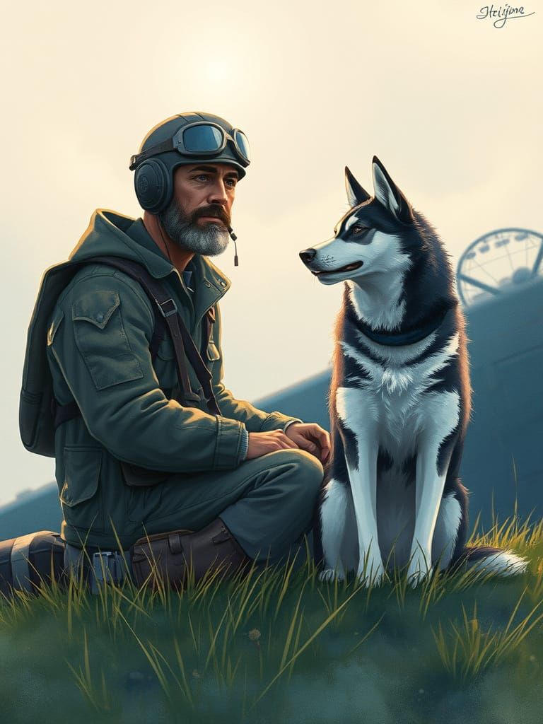 A Grizzled WWI Pilot Reflects on War with Loyal Husky