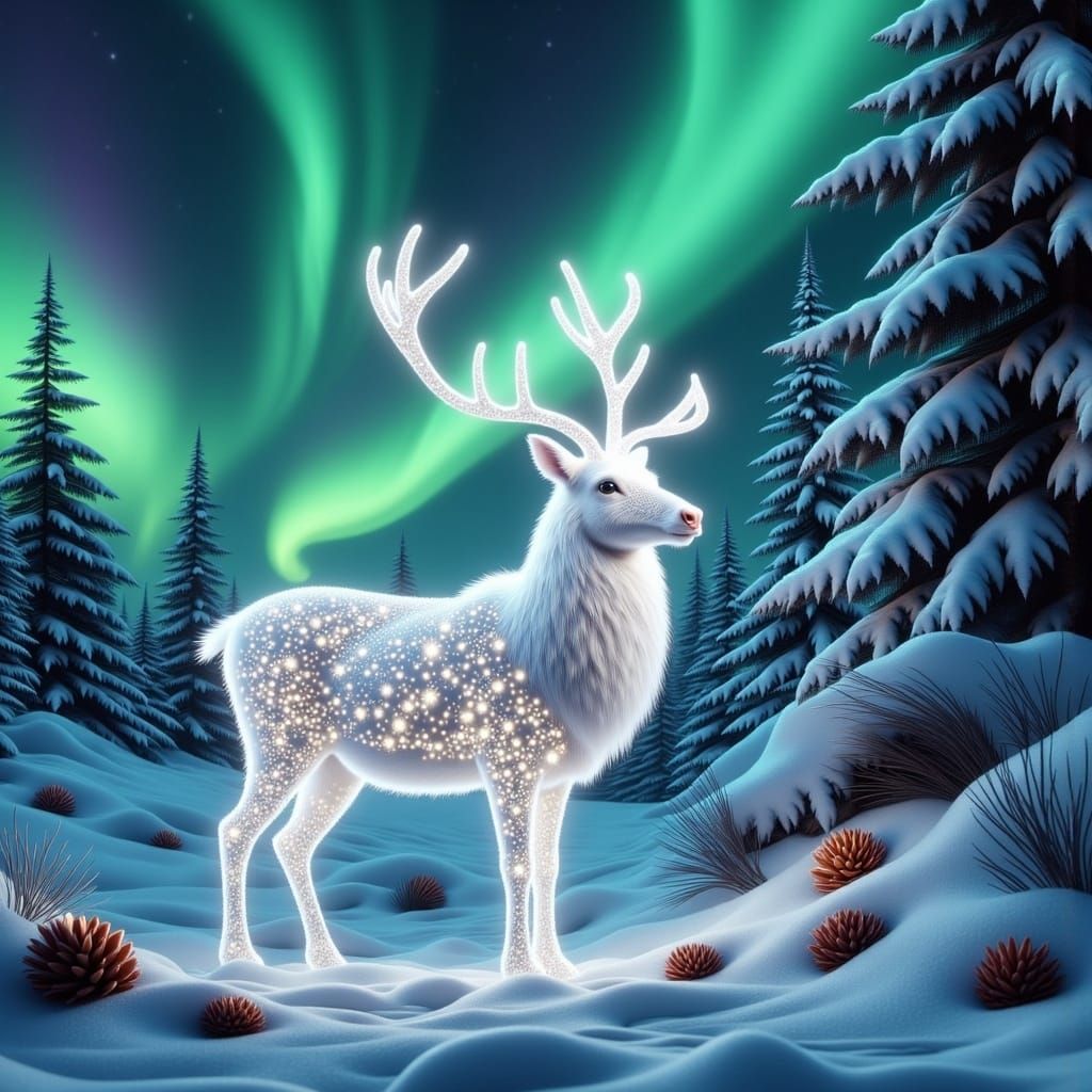 Snowflake Reindeer Under Northern Lights