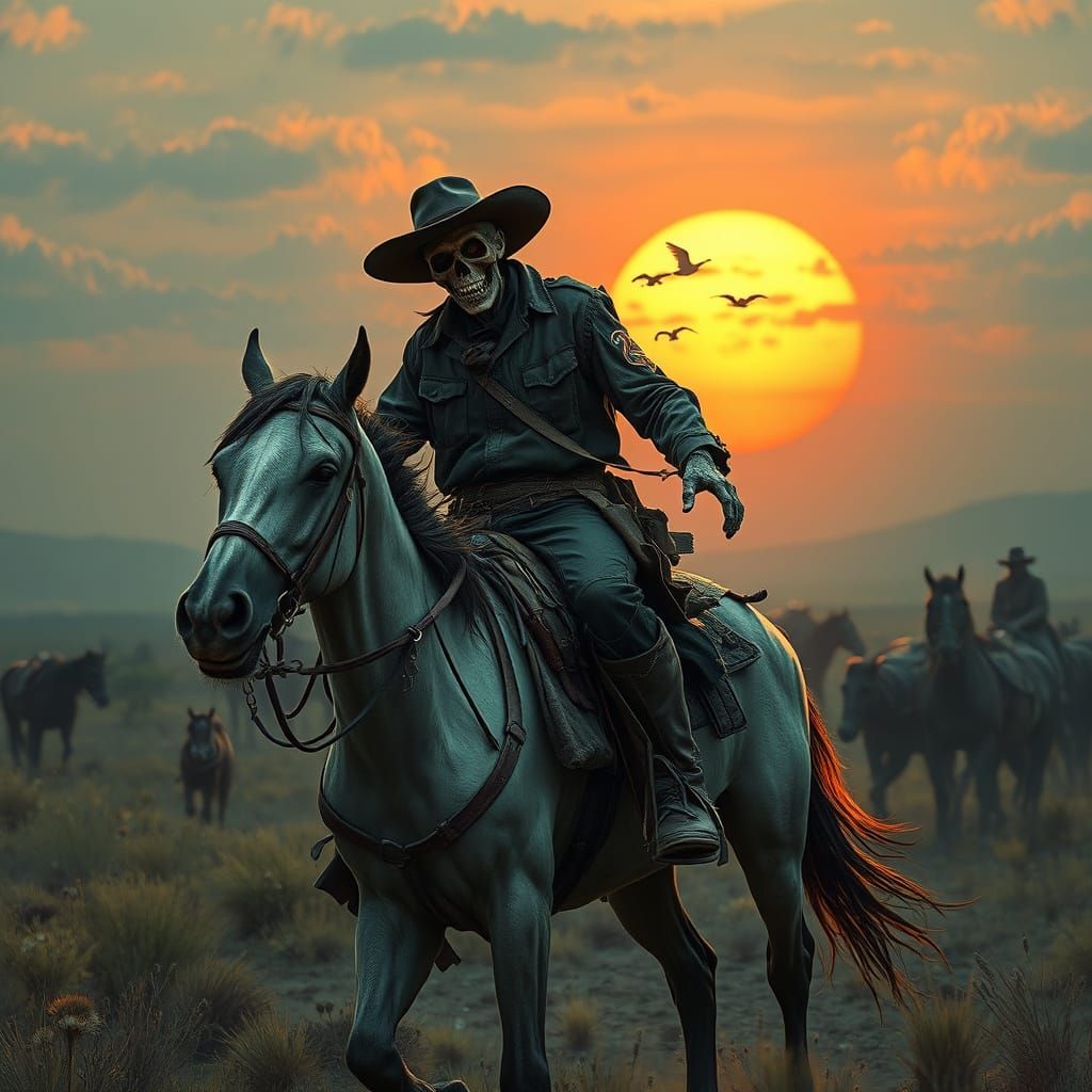 Undead Cowboy Rides in Wild West Sunset
