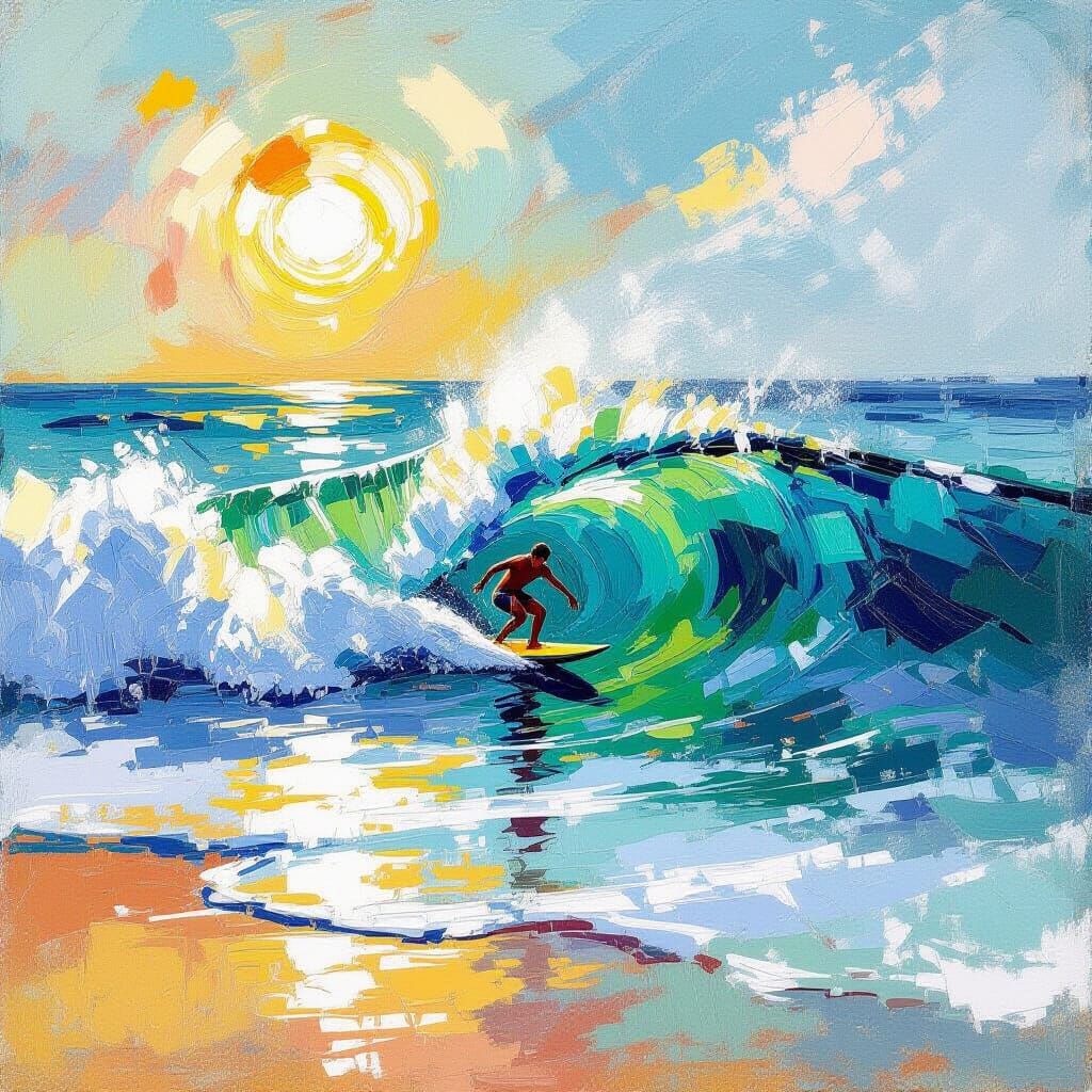 Surfer Catches Powerful Wave in Oil Pastel Painting