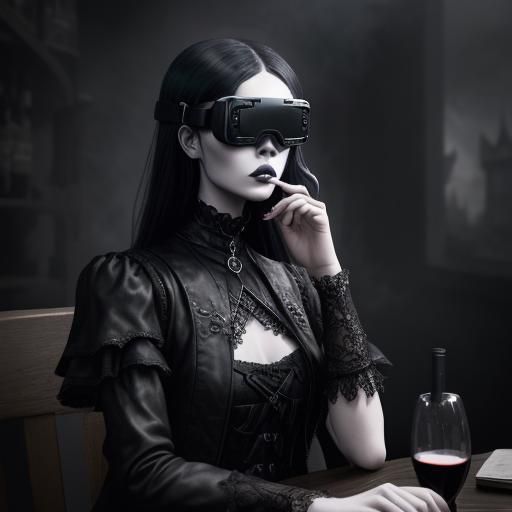 Goth Model in VR Coffee Shop: Black and White Photography