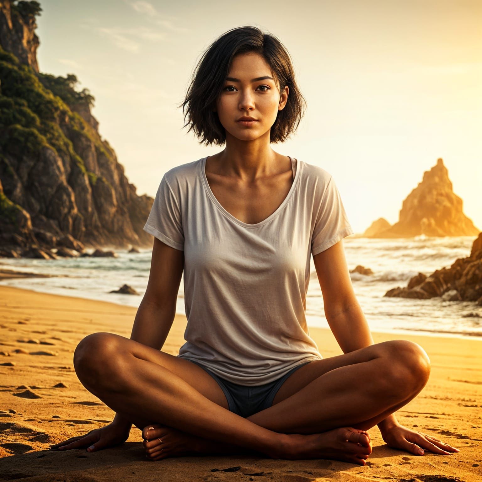 Ethereal Beach Goddess in Vibrant Sunset Glow