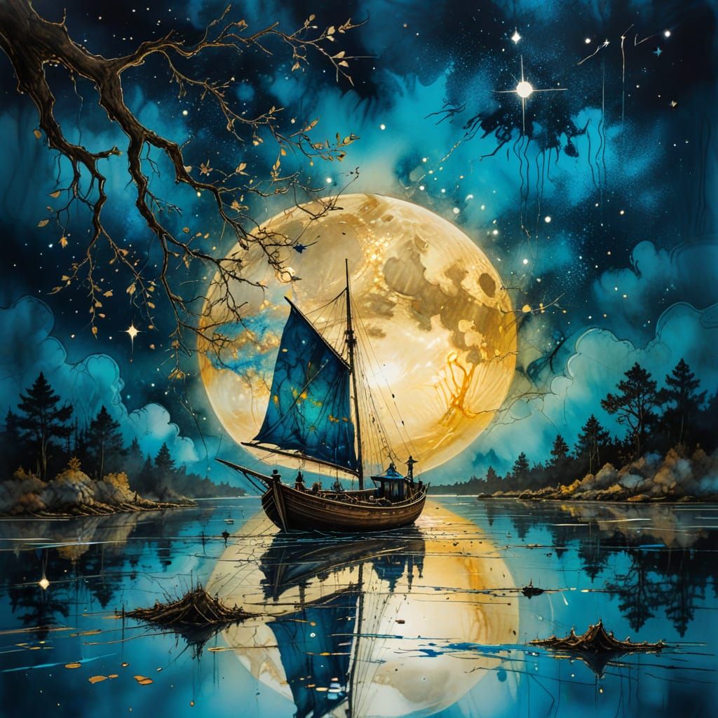 Double exposure painterly fantasy:: a boat inside a golden Full moon which Rises up in a serene lake