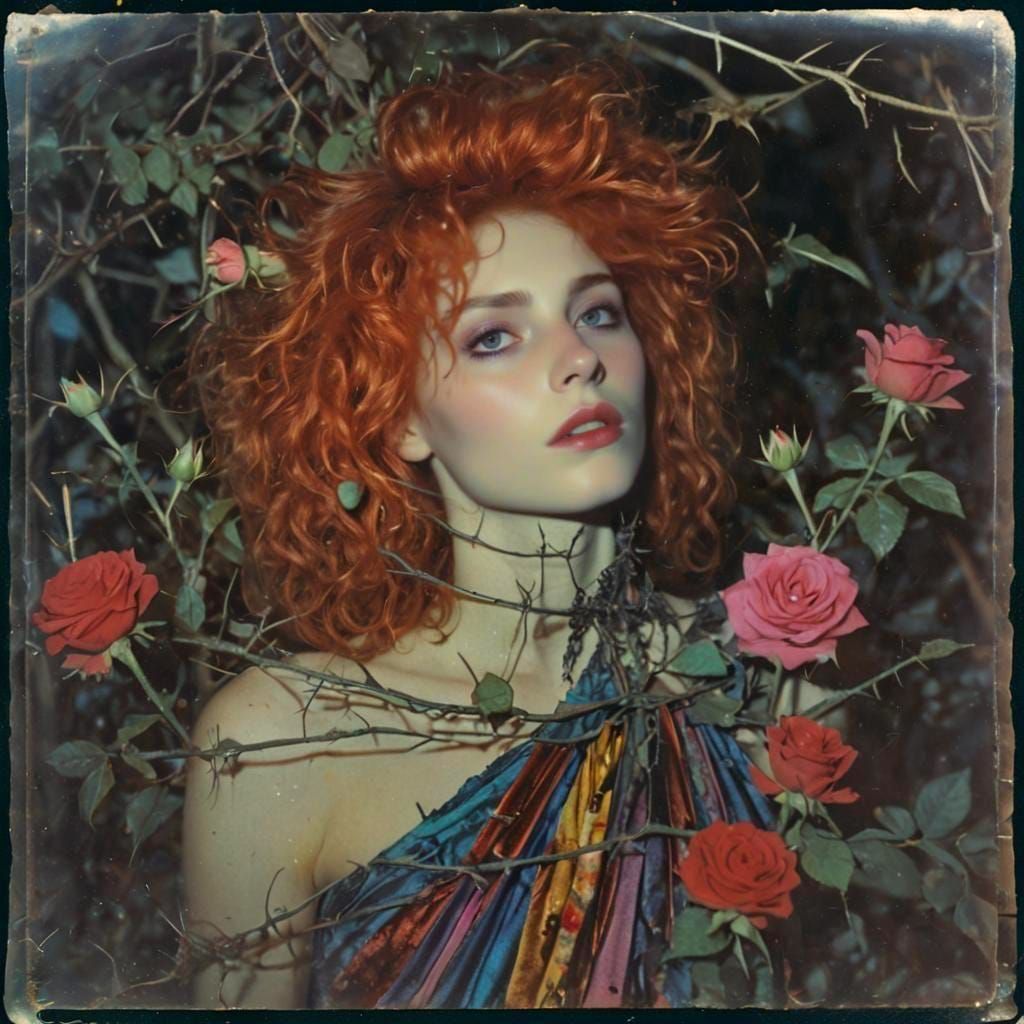 Redhead Goddess in Thorns: A Retro Polaroid