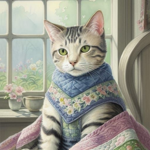 Watercolor Whimsy: A Quilted Cat's Cozy Portrait