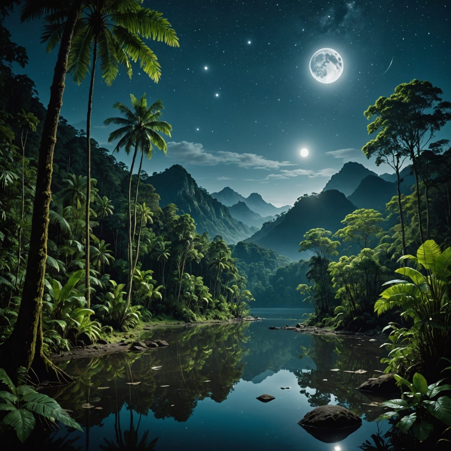 Enchanted Nighttime Rainforest with Mountains and Celestial ...