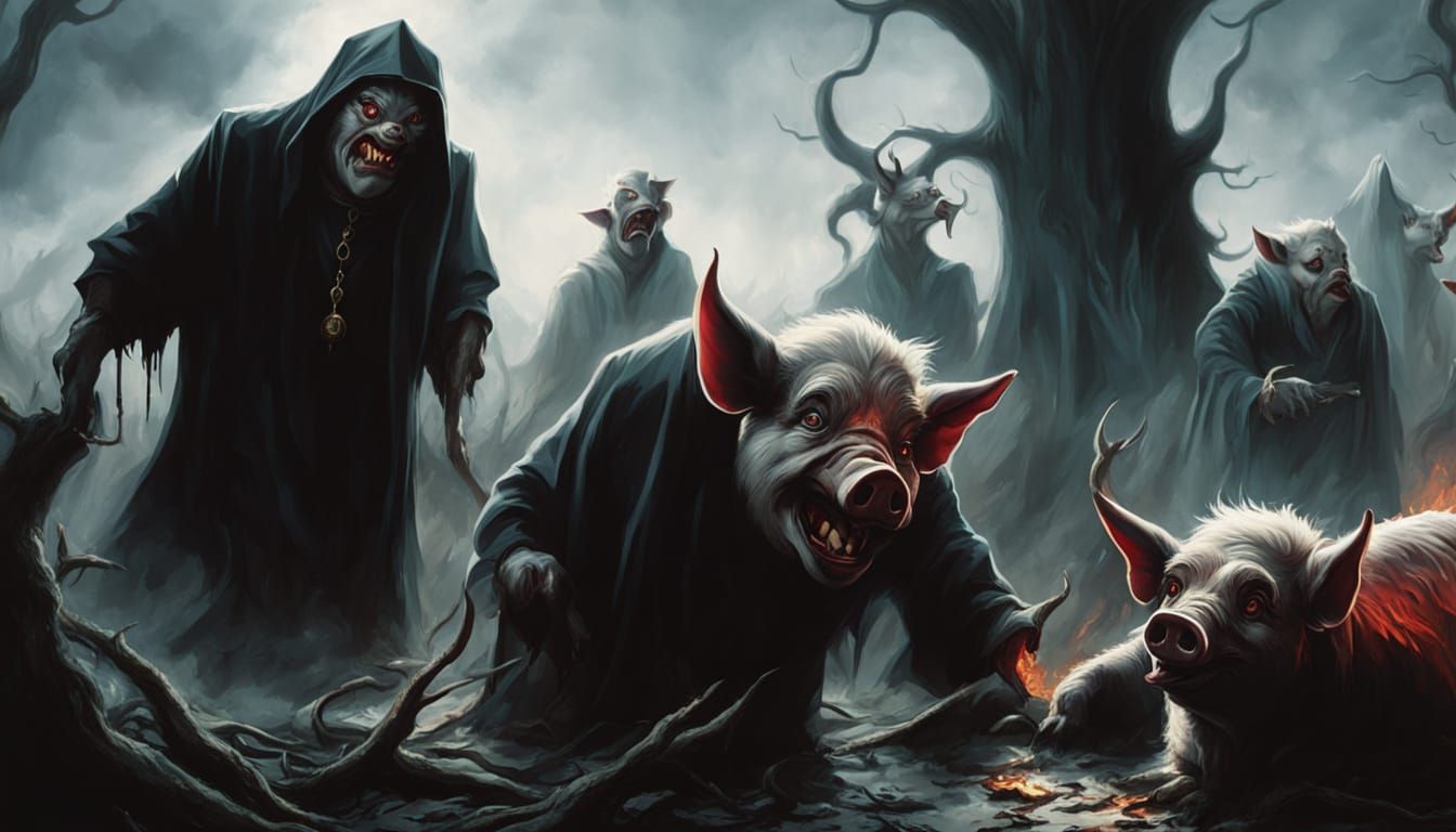 Dark Fantasy: Ugly Pigs, Satan, and Priest in Mud