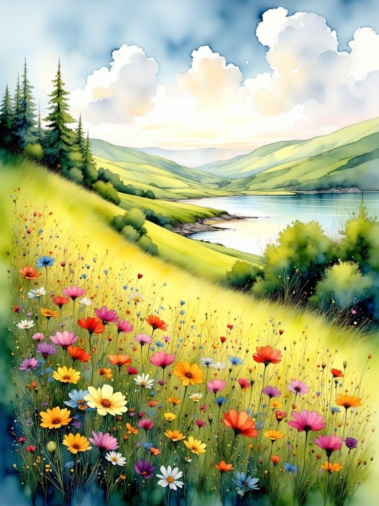 Sunlit Meadow Flowers in Ink Painting Style