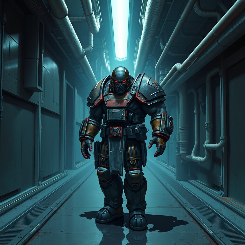 Space Marine in Dystopian Industrial Corridor