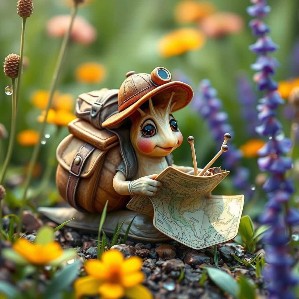 Adventurous Snail Explorer in a Whimsical Garden