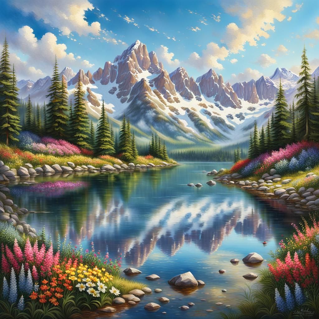 Idyllic Mountain Lake Reflecting Snow-Capped Peaks