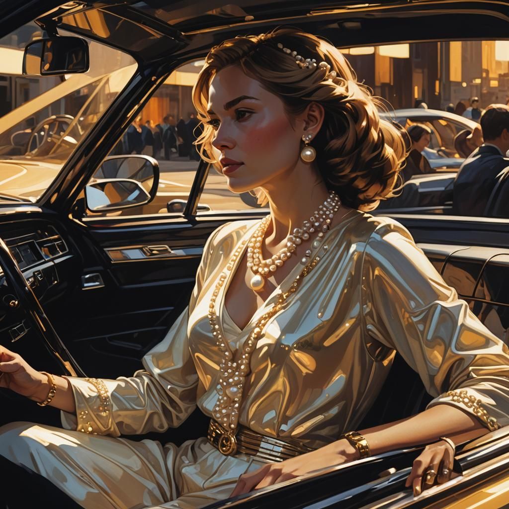 Woman Driving Car with Pearl Necklace in Retro-Futuristic St...
