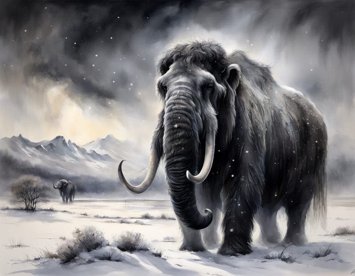 Majestic Mammoth Portrait in Chiaroscuro Watercolour