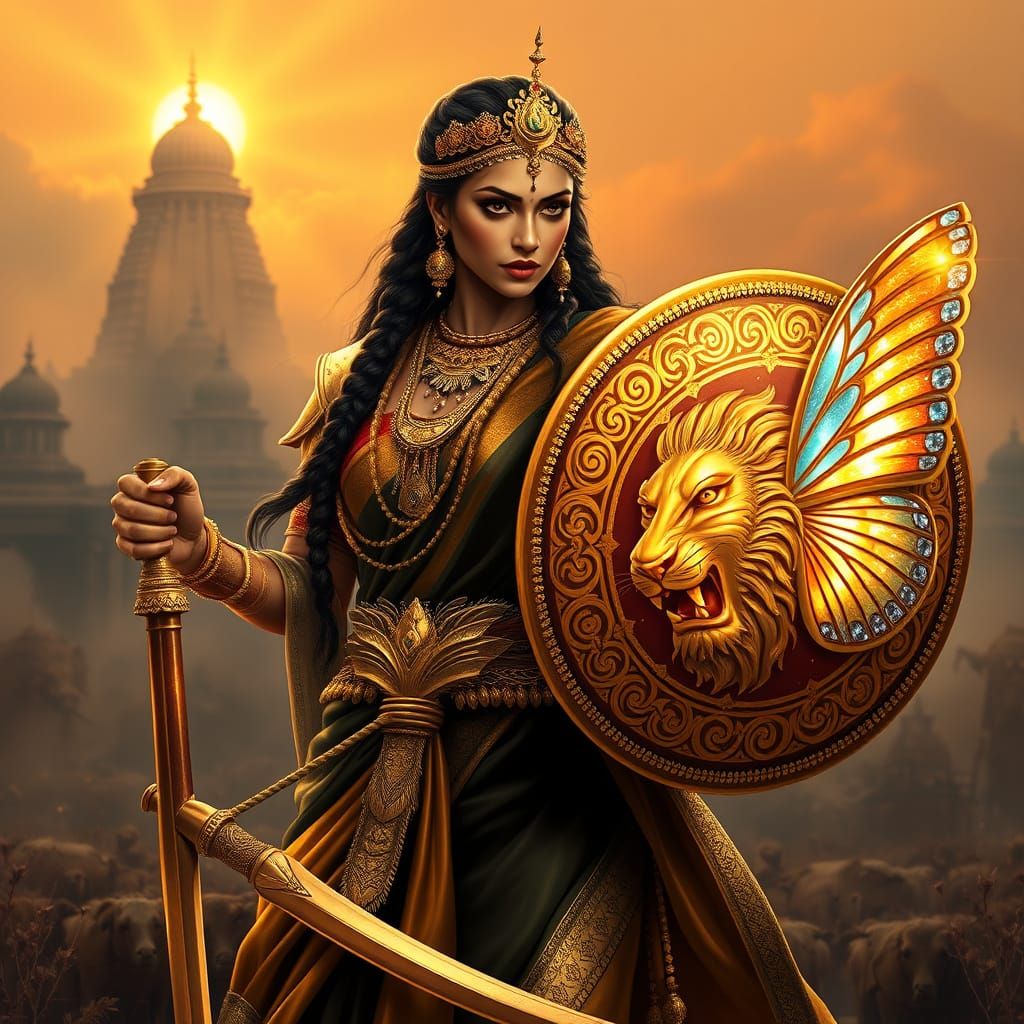Elegant Warrior Queen Stands Fiercely in Mystical Dawn-Lit B...