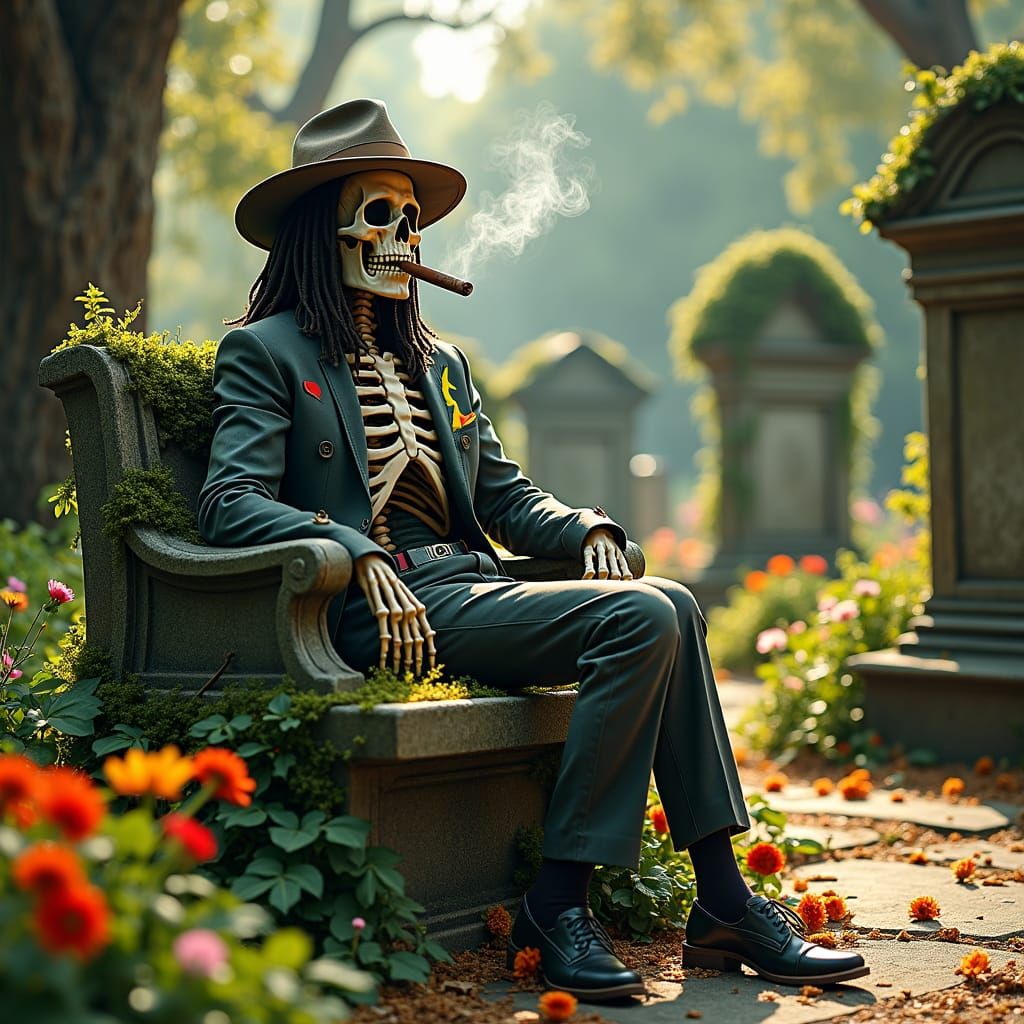Bob Marley Skeleton with Flowers in Cemetery