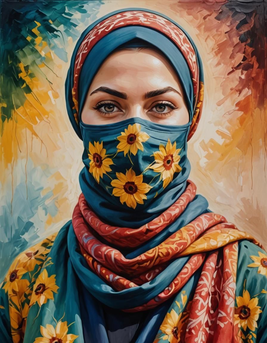 Curvy Woman in Hijab: Impressionist Oil Painting