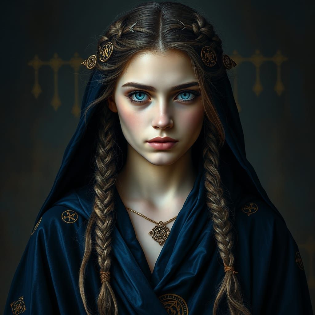 Young woman with brown hair and blue eyes as a medieval siby...
