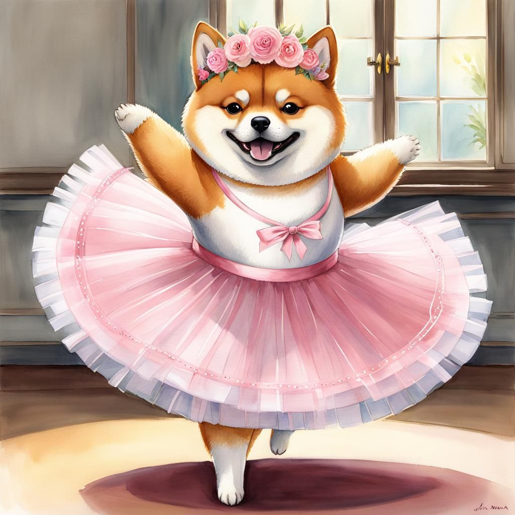 Chubby Shiba Inu Ballerina in Watercolor Style
