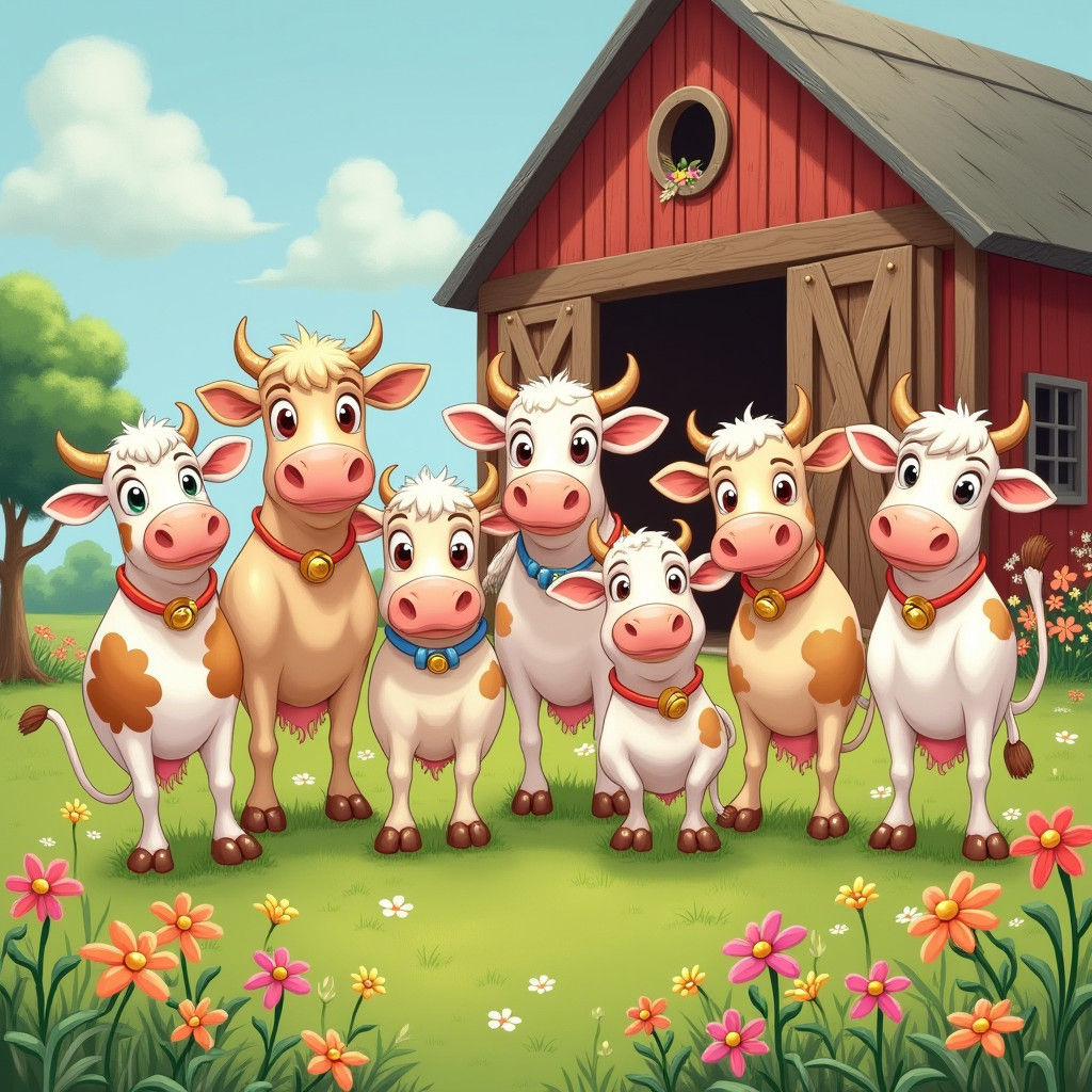 Cartoon Cows in Meadow, Children's Book Illustration