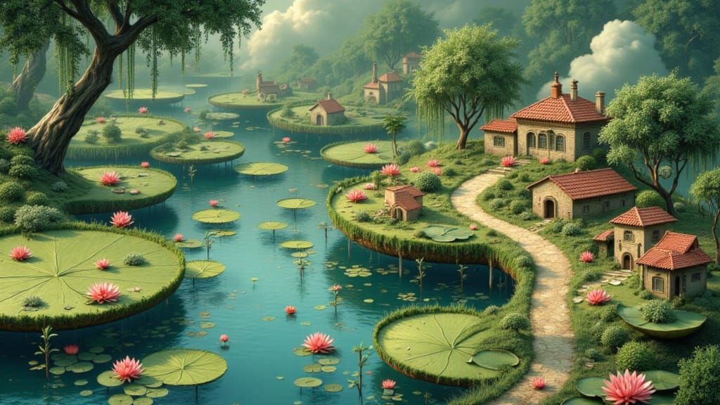 Whimsical Miniature Villages on Giant Waterlilies