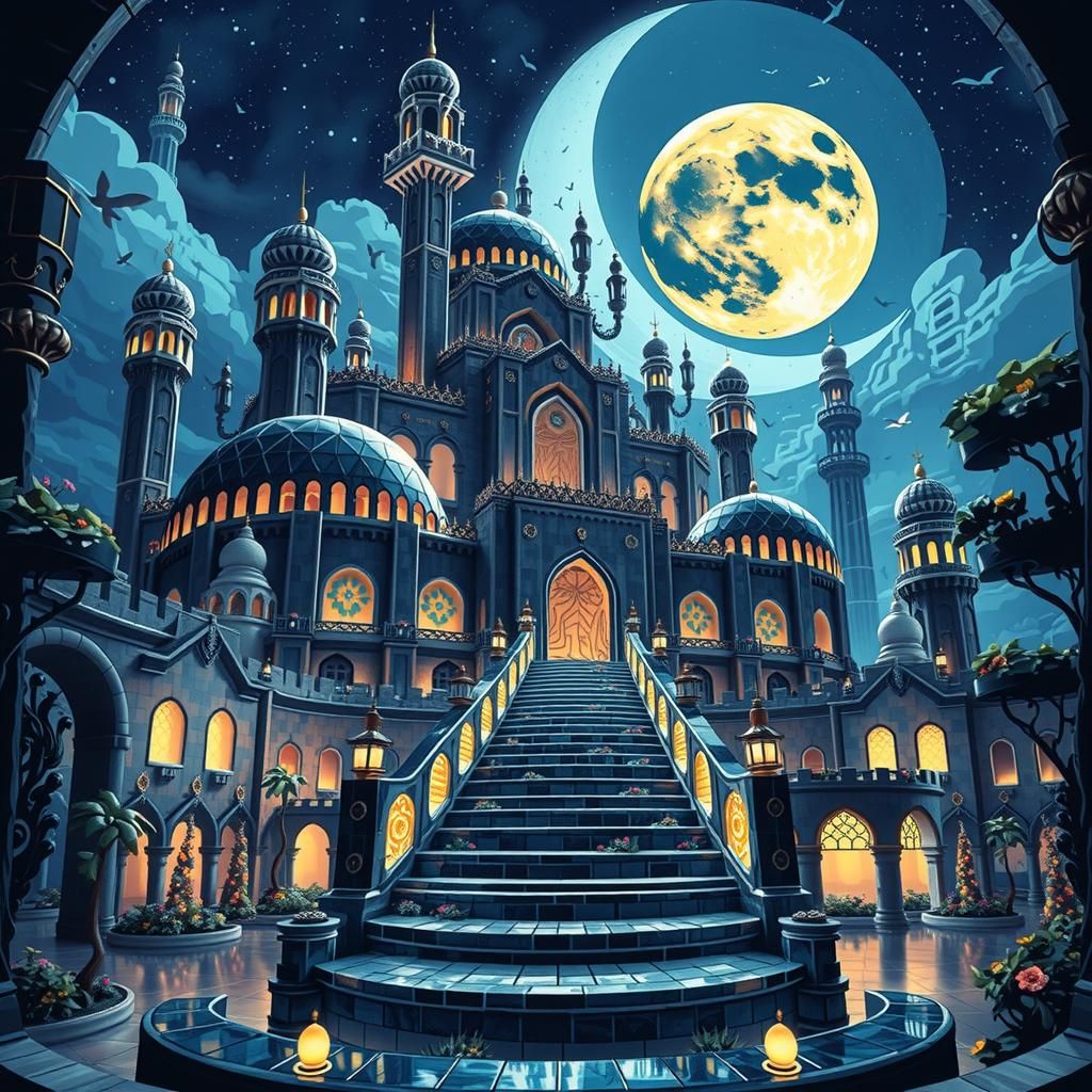 Sandstone Castle in Desert Oasis Under Moonlight