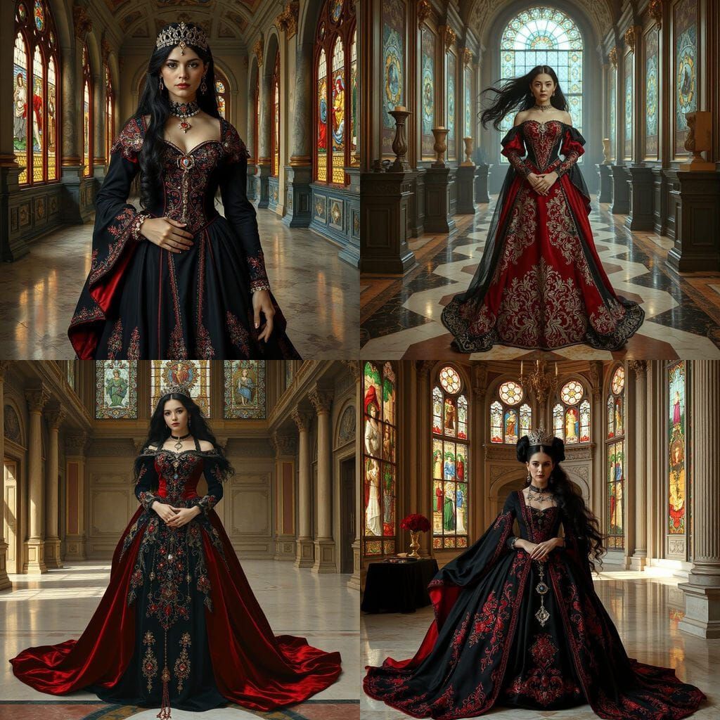 Gothic Princess in Elegant Black and Red Royal Attire