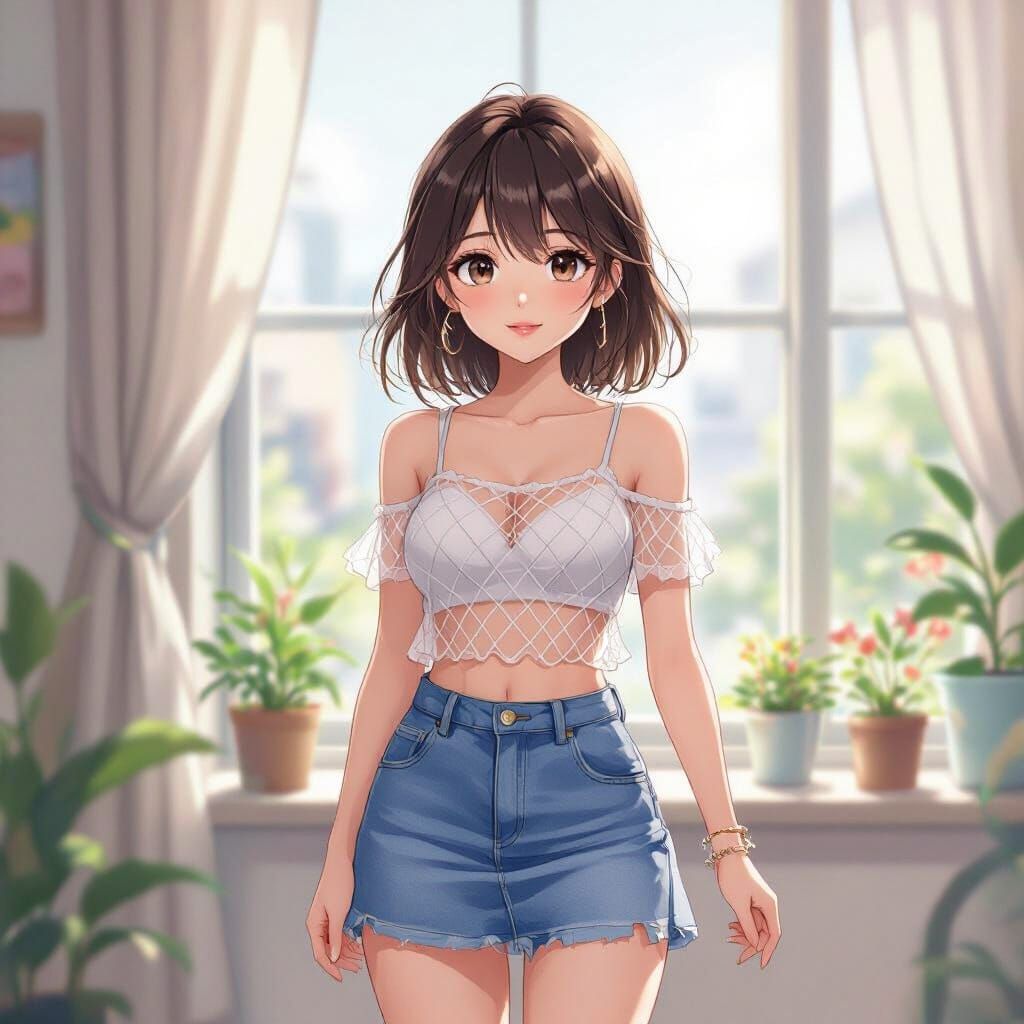 Anime Teen Girl in Denim Skirt with Ethereal Lighting
