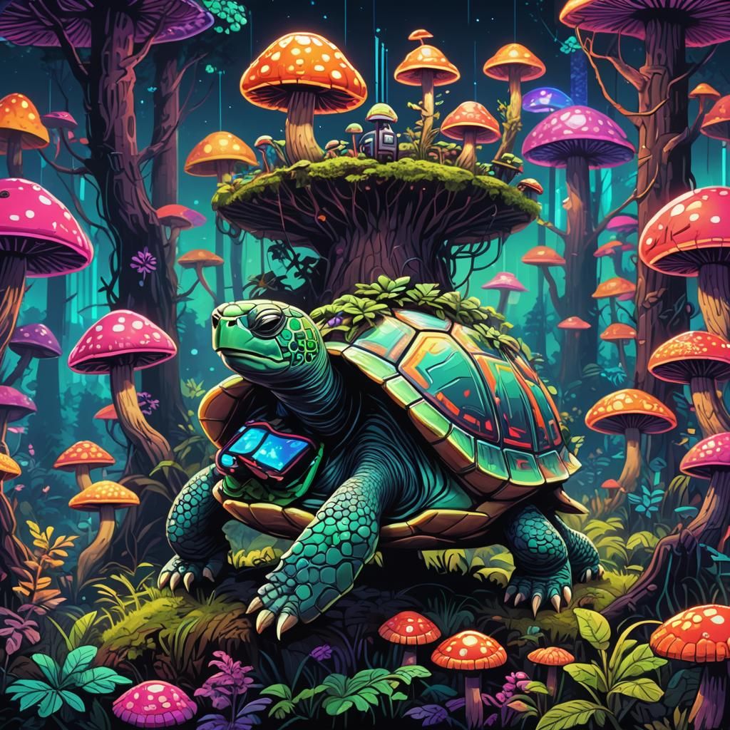 Pixel Art Turtle in Neon Mushroom Forest