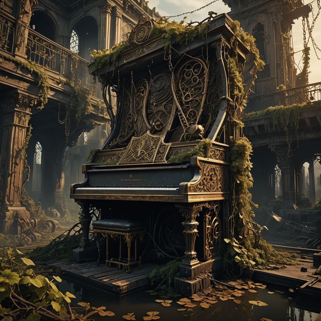 Defiled War Piano on Barge: Gothic Fantasy Art