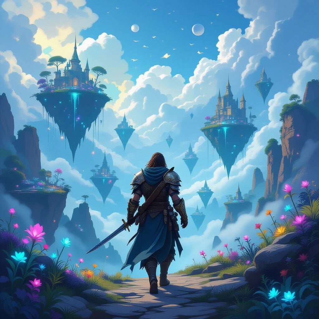 Warrior on Floating Islands in Whimsical Digital Painting