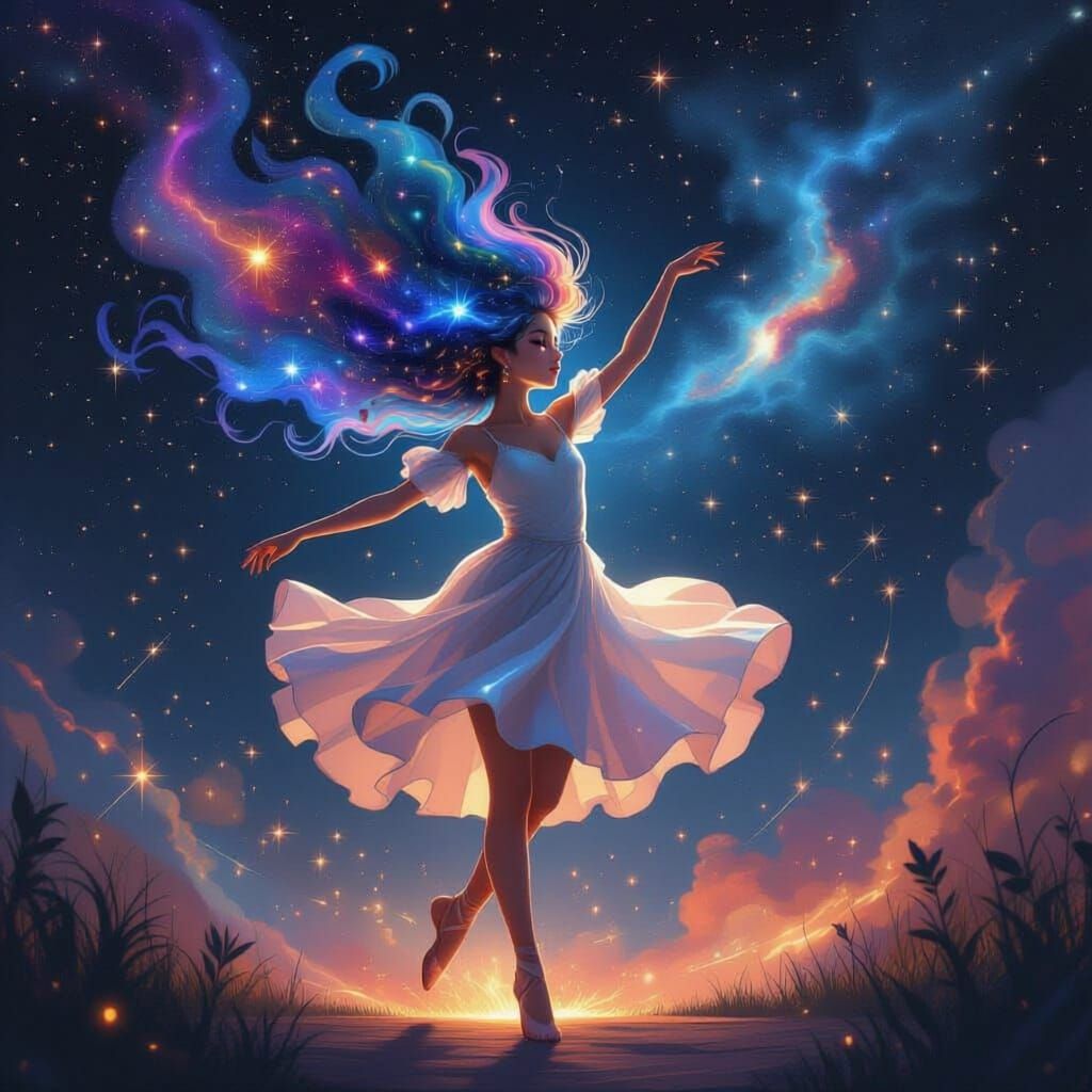 Celestial Girl Dancing in Cosmic Ballet, Detailed Matte Pain...