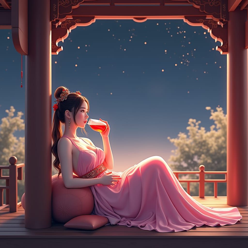 Song Dynasty Lady Drinking Wine in Anime Style