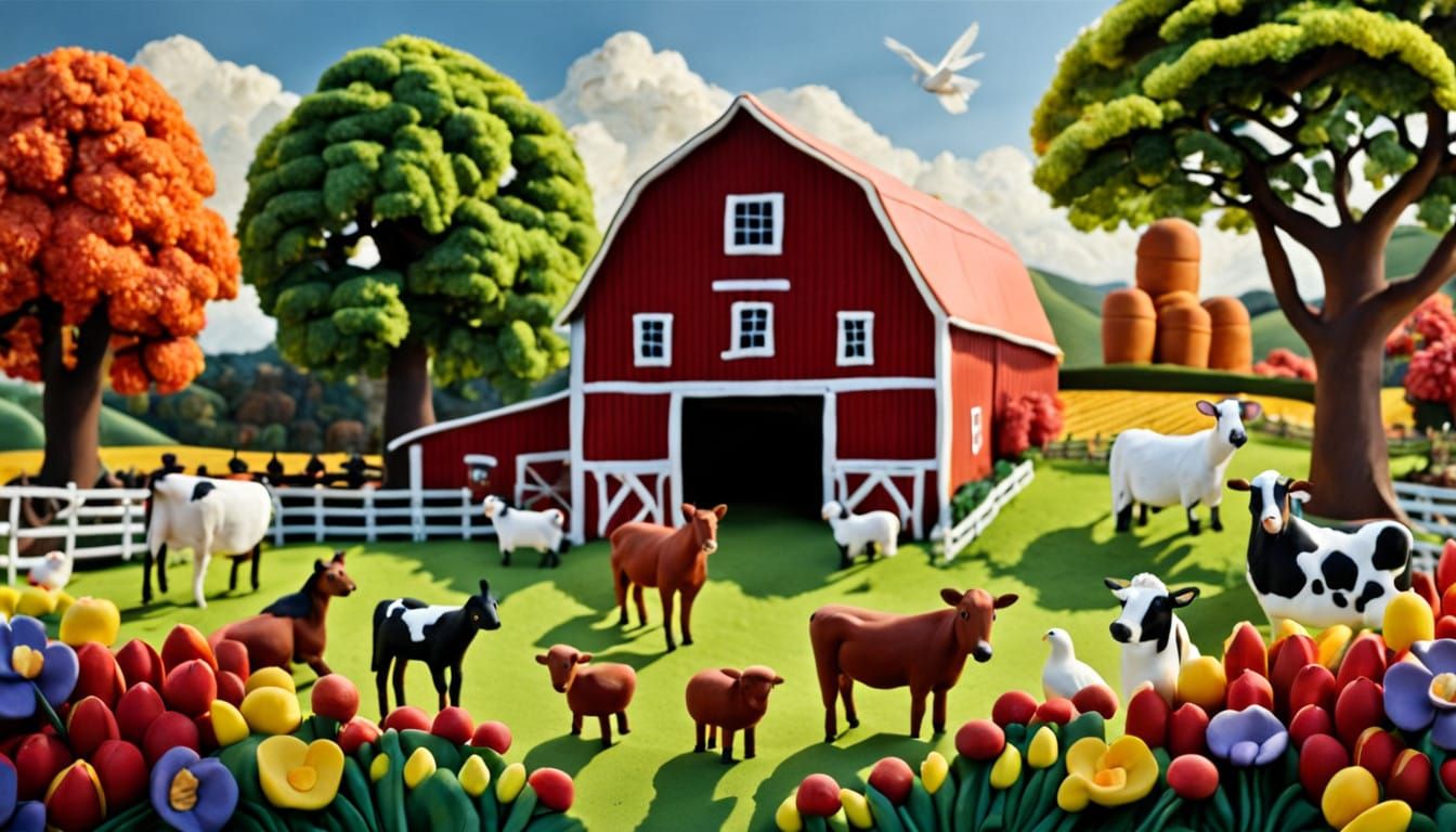 Surreal Claymation Farm Scene in Whimsical Style