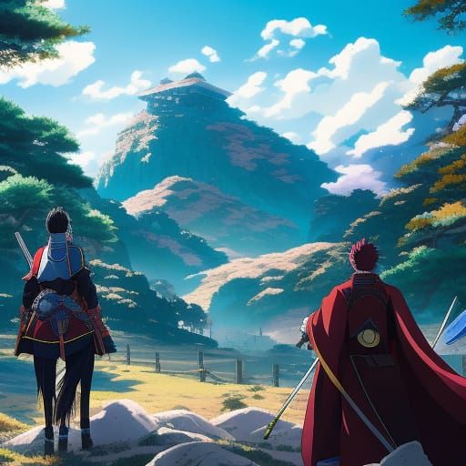 Anime Samurai Stands Guard Over Mountain Vista