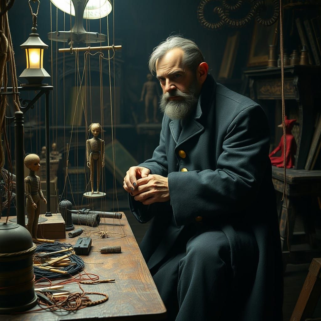 Ethereal Puppet Master in a Mystical, Gothic Workshop